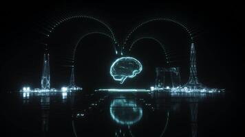 neon gloeiend hud van hersenen en futuristische gebouwen video