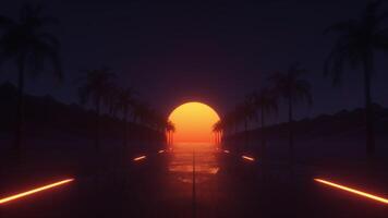 synthwave strada e palme a tramonto ciclo continuo video