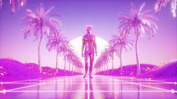 Man Walking in VR Glasses Between Palm Trees Synthwave Background Loop video