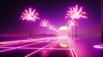 neon gloeiend palm bomen en weg synthwave achtergrond video