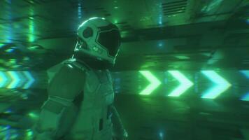 Digital Futuristic Background Of Walking Astronaut In Neon Glowing Tunnel video