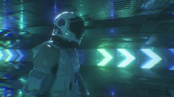 ficção científica túnel e caminhando astronauta futurista pano de fundo ciclo video