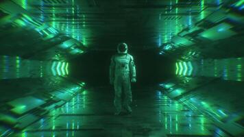 astronaut wandelen in neon gloeiend futuristische tunnel backdrop lus video