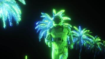 synthwave achtergrond van rennen astronaut tegen neon gloeiend palm bomen lus video