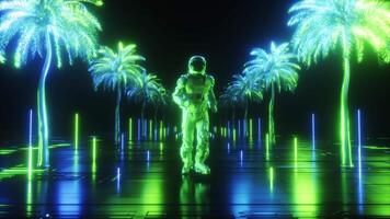 synthwave sfondo di in esecuzione astronauta fra neon raggiante palma alberi ciclo continuo video