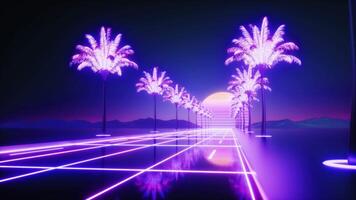 neon gloeiend palm bomen en weg synthwave backdrop video