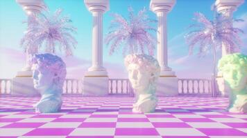 abstract kleurrijk synthwave backdrop met palm bomen en david sculpturen video