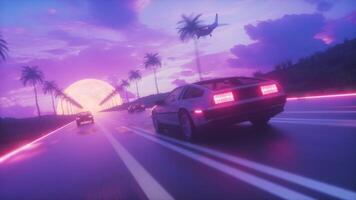 auto's rijden Bij zonsondergang tijd synthwave achtergrond lus video