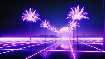 neon gloeiend palm bomen en weg synthwave lus video