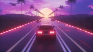 bilar körning på solnedgång tid synthwave stil bakgrund slinga video