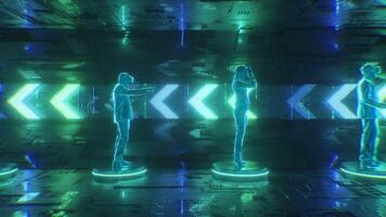 néon embrasé futuriste tunnel et hud numérique personnages en boucle toile de fond video
