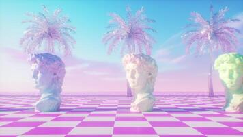 Colorful Abstract Synthwave Backdrop With Palm Trees And David Sculptures Loop video