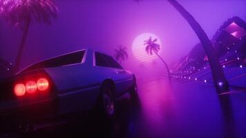 Foggy Dark Glowing Landscape With Riding Car Synthwave Backdrop Loop video