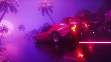 Futuristic Glowing Dark Foggy Landscape With Riding Sports Car Retrowave Backdrop Loop video