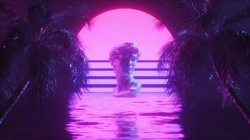 mörk synthwave bakgrund av handflatan träd med hav och David skulptur video