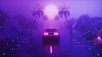 Foggy road with landscape and riding car synthwave background loop video