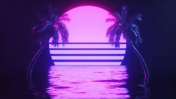 donker neon gloeiend synthwave stijl backdrop van oceaan en palm bomen video