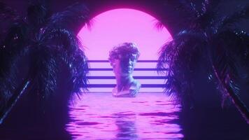 Dark Synthwave Background Of Ocean With Palm Trees And David Sculpture Loop video