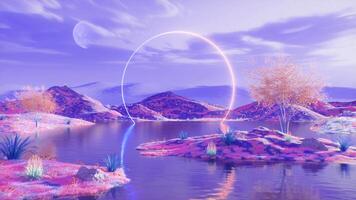 bunt Natur Landschaft abstrakt Hintergrund mit See und Neon- Rahmen video