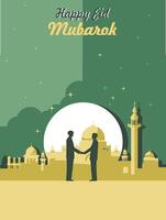 card for eid fitr illustration of two man shake hand with mosque vector