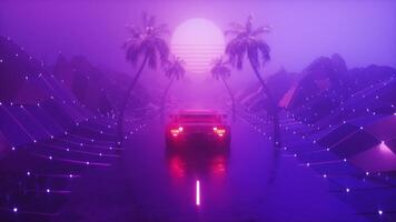 Glowing Dark Foggy Landscape With Riding Sports Car Rettrowave Background video