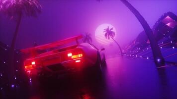 Glowing Dark Foggy Landscape With Riding Sports Car Synthwave Background Loop video