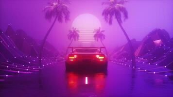 Glowing Dark Foggy Landscape With Riding Sports Car Synthwave Background video