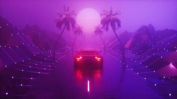 Glowing Dark Foggy Landscape With Riding Sports Car Rettrowave Backdrop Loop video