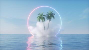 Neon Glowing Frame With Palm Trees And Cloud On The Ocean View Background video