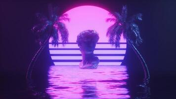 lysande mörk synthwave bakgrund av hav med handflatan träd och David skulptur video