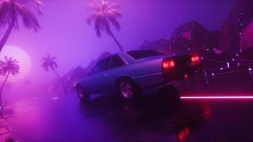 Retrowave Riding Car At Foggy Landscape Synthwave Style Background Loop video