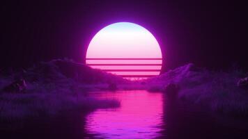 neon gloeiend synthwave achtergrond met zon en landschap lus video