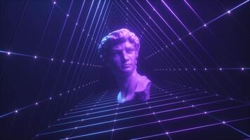 Floating David Sculpture With Grid Synthwave Background Loop video