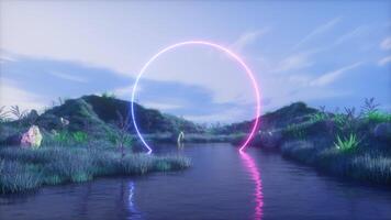 neon gloeiend kader en landschap met meer achtergrond video