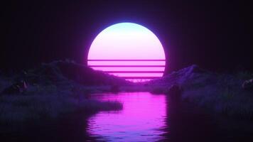 neon lysande Sol och landskap synthwave stil bakgrund video