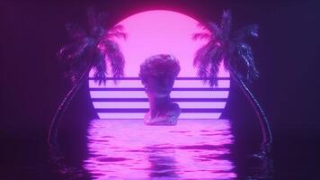 Palma árvores e david escultura com oceano synthwave fundo video