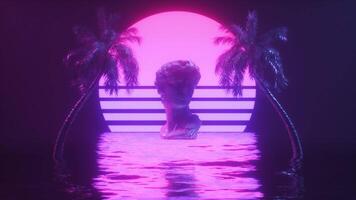 palm bomen en david beeldhouwwerk met oceaan synthwave achtergrond video