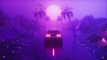 Riding Car At Neon Glowing Foggy Landscape Synthwave Background Loop video