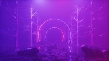 Neon- glühend Frames und nebelig Wald Hintergrund Schleife video