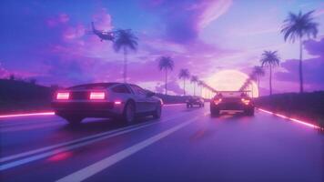 synthwave backdrop van rijden auto's Bij zonsondergang lus video