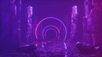 Neon- glühend Rahmen und Felsen beim nebelig Landschaft Hintergrund video