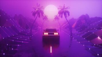 Synthwave Backdrop With Riding Car And Dark Foggy Landscape Loop video