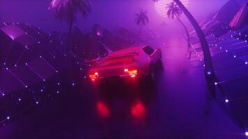 synthwave achtergrond van gloeiend donker mistig landschap met rijden sport- lus video