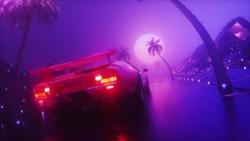 synthwave bakgrund av ridning sporter bil på dimmig landskap slinga video