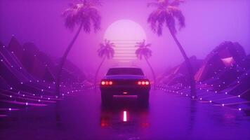 synthwave stijl achtergrond van rijden auto Bij gloeiend donker mistig weg met landschap lus video