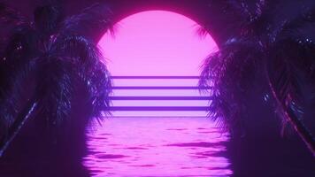 synthwave achtergrond van palm bomen en oceaan backdrop lus video