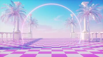 synthwave achtergrond met palm bomen en roterend neon gloeiend kader achtergrond video