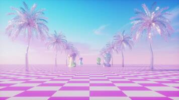 Synthwave Colorful Background With Palm Trees And Sculptures At Endless Road Background video