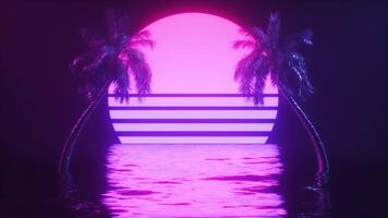 Synthwave Background Of Neon Glowing Sun With Ocean And Palm Trees Loop video