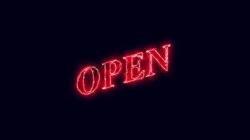 Open on a black screen. Signboard on the building of a cafe, restauran, open 24 hours neon animation shop advertising night led neon billboard video